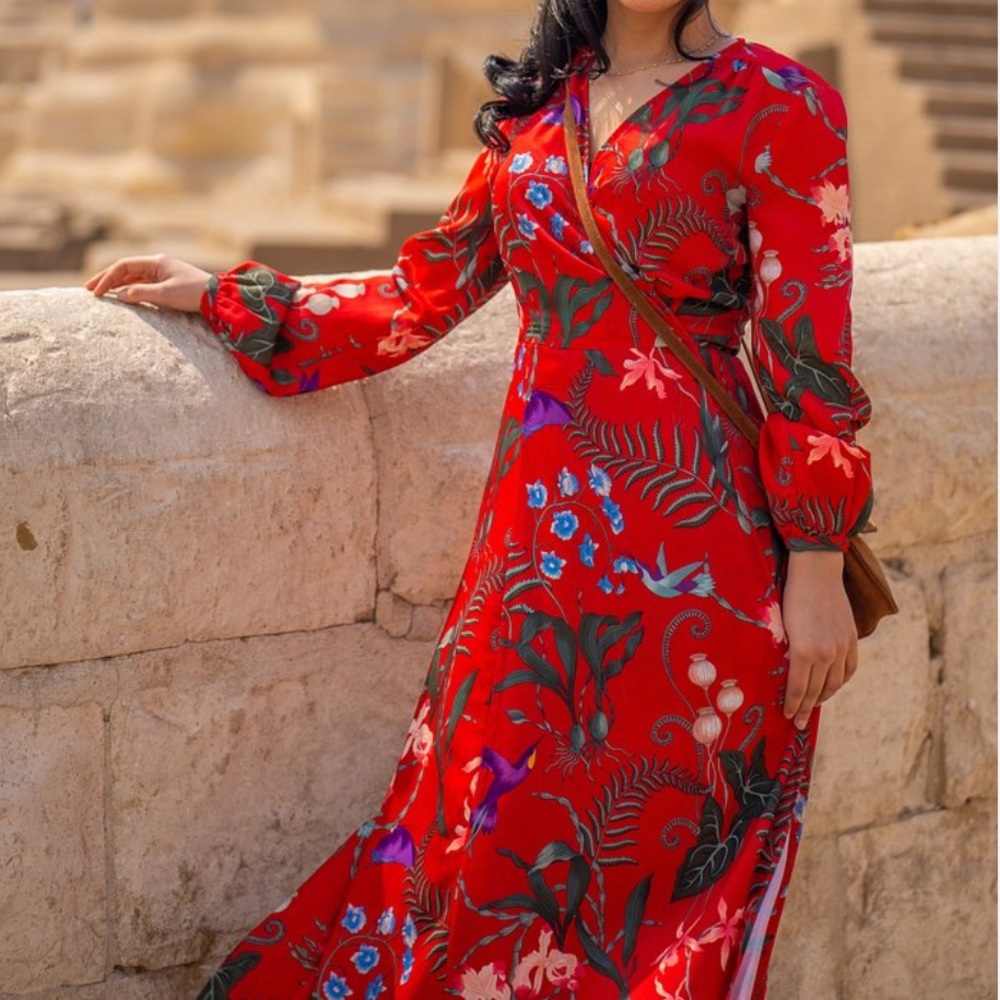 H&M Red Floral Print Long Sleeve Wrap Maxi Dress Size 6